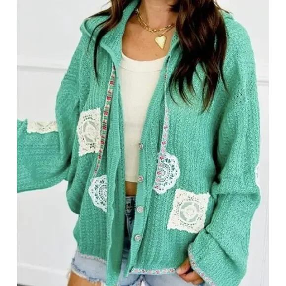 POL | Green Crochet Patchwork Knit Hooded Cardigan Granny Size Small Oversized - Picture 1 of 11